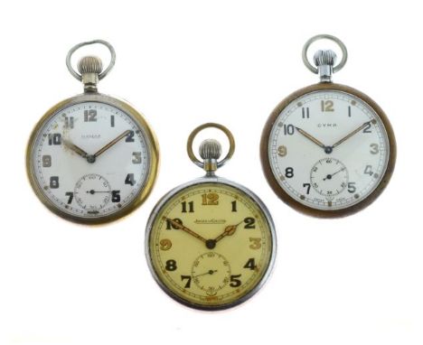 Jaeger LeCoultre - G.S.T.P. top wind pocket watch, another by Cyma and another by Damas, approx 52mm diameter   Condition: Cy