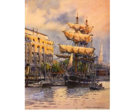 Frank Shipsides - Limited edition coloured print - Sailing ship at birth in front of the Arnofini Gallery with St Mary Redcli