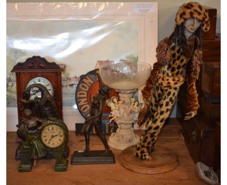 Two mantel clocks, cast metal figure of a classical female, cast metal doorstop, London Assurance fire plate, resin and glass