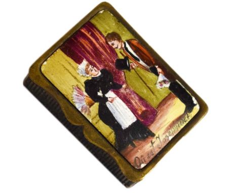 Vintage French brass and enamel vesta box having 'saucy' decoration   Condition: 