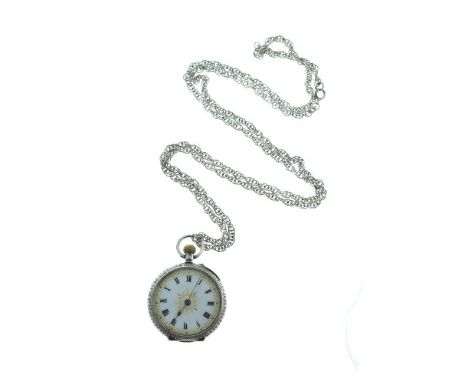 Lady's engraved silver cased top wind fob watch having white enamel dial with gilt decoration and Roman numerals on a white m