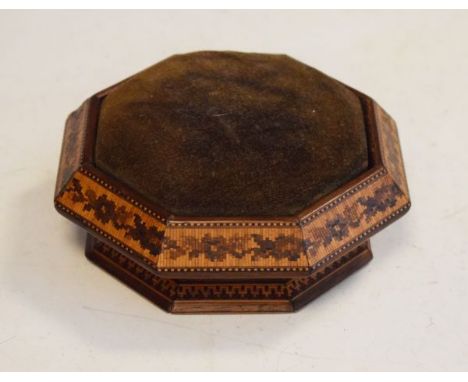 Tunbridge Ware trinket box having a pin cushion top   Condition: 