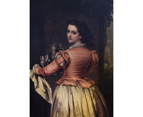 Large coloured print - Period interior scene with waiting girl, in a decorative gilt frame   Condition: 