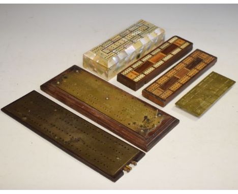 Victorian mother-of-pearl card box having a cribbage board top together with five other vintage cribbage boards   Condition: 