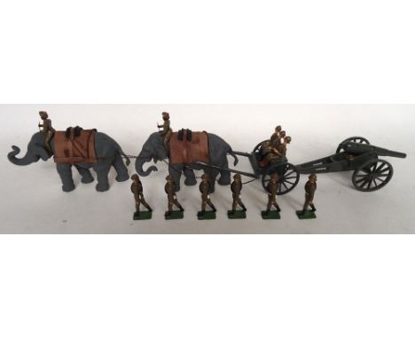 A neatly made 60pdr Indian Army Elephant drawn Gun Team with two Elephants, Limber and Gun, and repainted or converted Britai