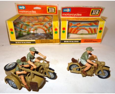 Britains Afrika Corps Motor Cycles sets 9693 and 9694 in original boxes (E, boxes G) with three combinations and dispatch rid