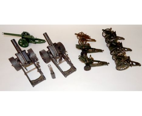 Britains Artillery two FIRST VERSION 18inch Howitzers on tractor wheels, fumed metal finish (G, one breech block missing) wit