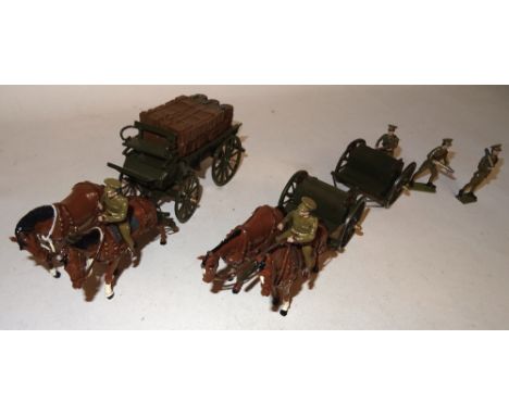 * First World War Toy Army Workshop two horse Double Limber crew unloading, and two horse General Service Wagon with driver i