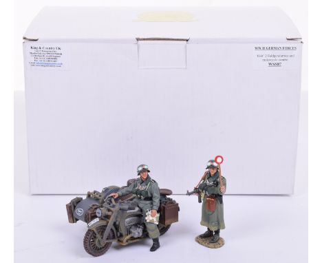 King and Country set WSS87 WW II German Forces ‘Halt’ Feldgendarmes and Motorcycle Combo in original white K&C box (E, box E)