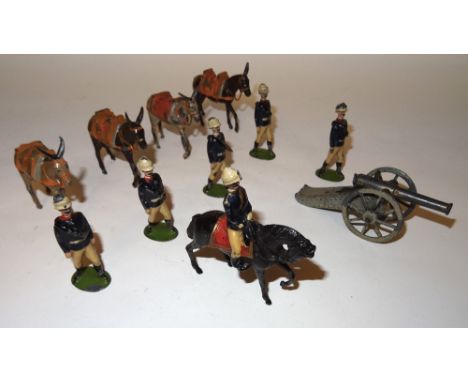 Britains set 28, Mountain Artillery FIRST VERSION, oval bases, with gun and mounted officer (F, one man, one donkey ear and a