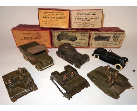 Britains Army Vehicles in original boxes Armoured Car, Staff Car, Beetle Lorry, two Bren Gun Carriers with crews (G, repainte