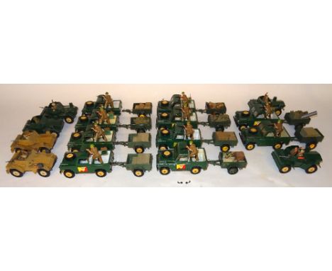 Britains British Army six scout cars and ten short wheel base Land Rovers with trailers and non-Britains loads (G-F, a few pa