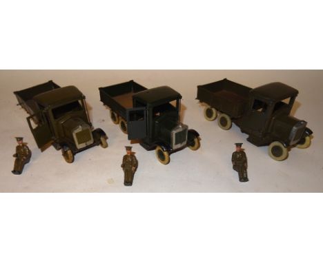 * Britains, three set 1355, six wheel Army Lorry square nose, in three colour variations of the pre-war era, khaki finish wit