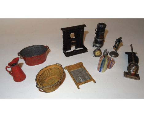 Household Utensils by Britains, Barett and others: Bath, Jug, Fireplace, Oil heater, Alarm clock, Telephone, Soda syphon and 