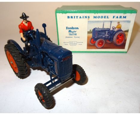 * Britains set 128F, Fordson Major Tractor rubber tyres, with driver, in original illustrated box (E, box VG) 1952 (2)