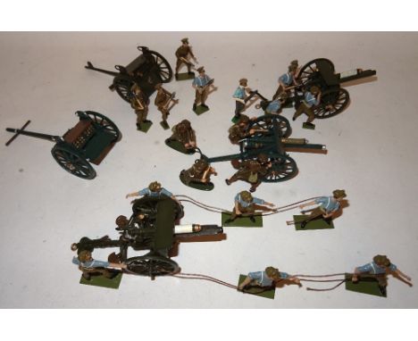 * First World War Toy Army Workshop 18pdr half Battery three guns, one open and one closed limbers with crews in original box
