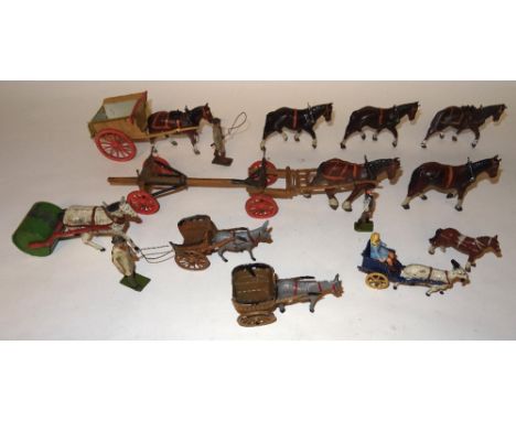 Britains and other horsedrawn Farm vehicles Britains: Tumbrel Cart (G, hay racks missing), Timber Wagon with fur hoof horse C