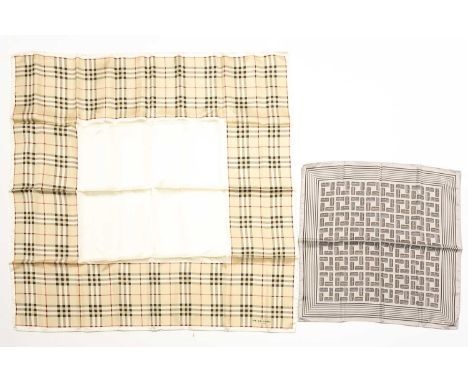 A Burberry silk scarf in classic Burberry check, together with a Louis Vuitton silk scarf decorated with repeating Louis Vuit