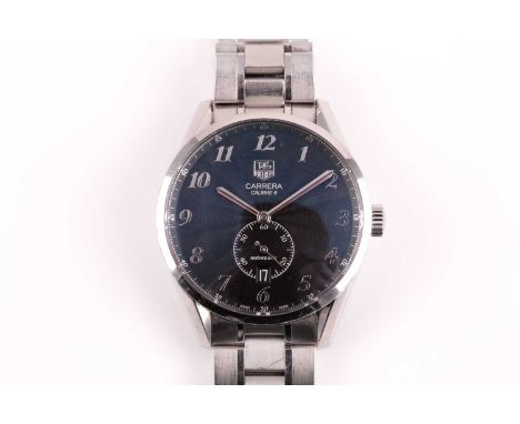 A Tag Heuer Carrera calibre 6 automatic stainless steel wristwatch, the black engine-turned dial with silvered Arabic numeral