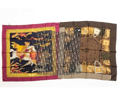 A Christian Dior silk scarf with repeating "Dior" on a grey ground, together with a Fendi silk scarf and a Salvatore Ferragam