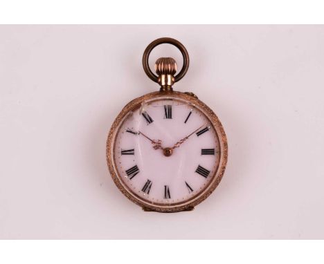 A ladies 14K gold fob watch, the rose enamel dial with black Roman numerals, the outer case with foliate engraving, with plat
