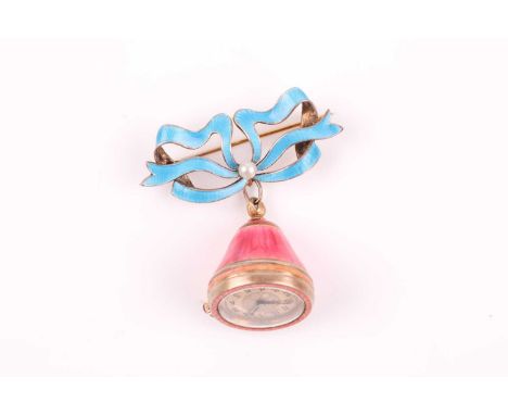 A silver gilt and pink enamel pendant fob watch, with gilt metal Arabic numeral dial (glass a/f), red cabochon glass winder, 