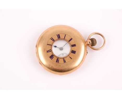 An 18ct yellow gold half hunter pocket watch, with blue enamel chapter ring to lid, white enamel Roman numeral dial with seco