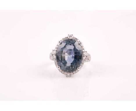 A 14ct white gold, diamond, and sapphire ring, set with a mixed oval-cut colour-change sapphire, of 12.25 carats, approximate