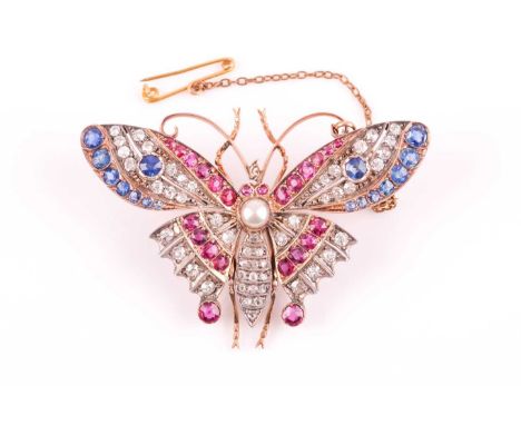 A diamond, ruby, and sapphire butterfly brooch, late 19th / early 20th century, the abdomen set with mixed rose-cut diamonds 