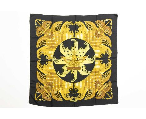 A Hermes "Proues" pattern silk scarf with galleons and anchors in tones of yellow on a black groundCondition report: One pull