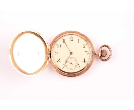 A Swiss hunting cased pocket watch, white enamel dial with Roman numerals, subsidiary seconds at six o'clock; jewelled keyles