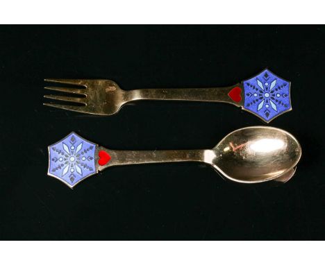 A Danish Anton Michelsen gilt and enamel fork and spoon set, in the Snow Crystal pattern designed by Vibeke Aifelt, 925 stand