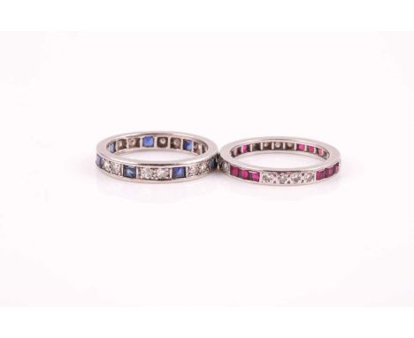 A diamond and sapphire eternity ring, set with round-cut diamonds and square-cut sapphires, white metal mount unmarked, size 
