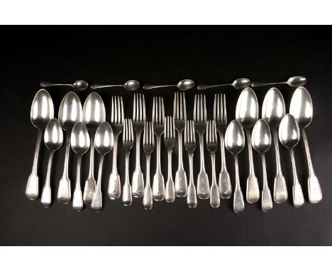 A set of six George IV, heavy silver fiddle, and thread tablespoons, and matching table forks. London 1826 by William Chawner