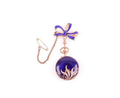 A 14k yellow gold and cobalt blue enamel fob watch pendant, the hinged lid with gilt inlay and set with small rose-cut diamon