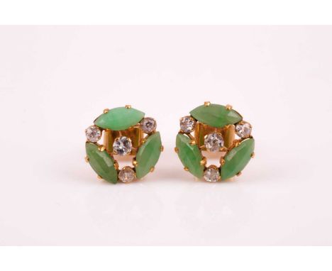 A pair of yellow metal, diamond, and jade earrings, set with faceted marquise-shaped green hardstone, and old round-cut diamo