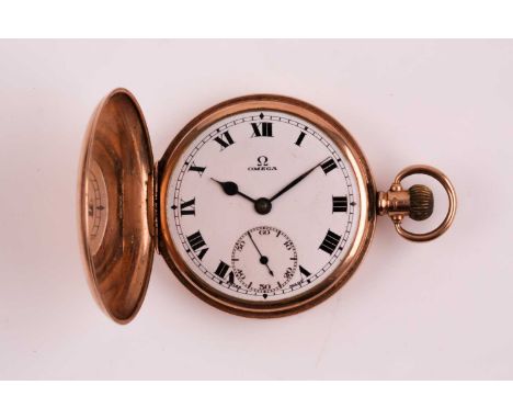 An Omega 9ct yellow gold full hunter pocket watch, the white enamel dial with thick black Roman numerals and subsidiary hacki