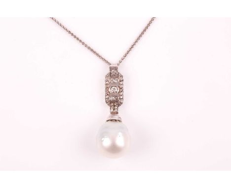 A diamond and pearl pendant, the rectangular plaque mount inset with round-cut diamonds, and suspended with a South Sea pearl
