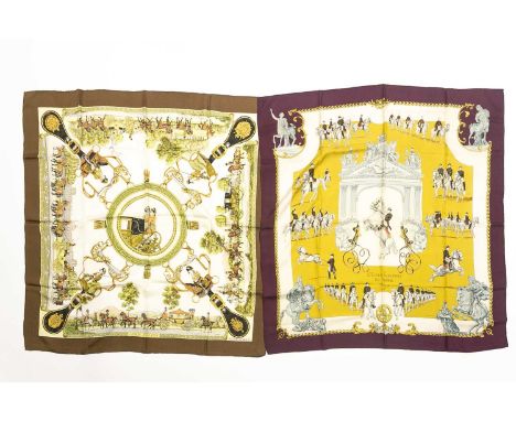 A Hermes, Paris, "Grands Attelages" pattern silk scarf, together with another Hermes "L'Ecole Espagnole De Vienne" pattern si