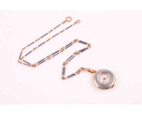 An 18ct yellow gold and guilloche enamel fob watch and chain, the yellow gold watch with round cream Arabic numeral dial, the