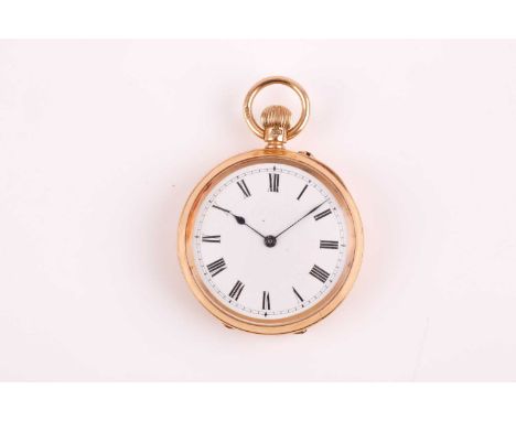 An 18ct yellow gold cased pocket watch, with white enamel Roman numeral dial, marked 18 to suspension loop, case diameter 3.7