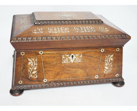 A William IV mother of pearl inlaid rosewood jewellery casket, 30cm wide