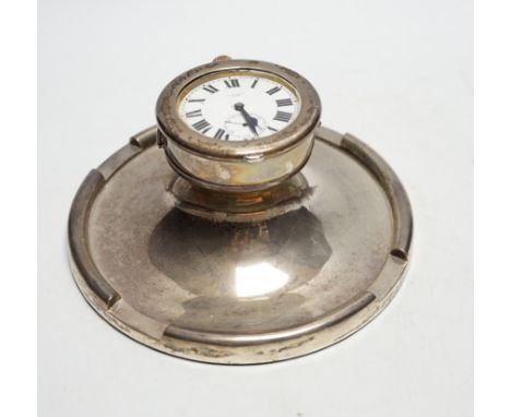 A George V silver mounted combination inkwell/pocket watch holder, Birmingham, 1926, containing an eight day pocket watch, Ca