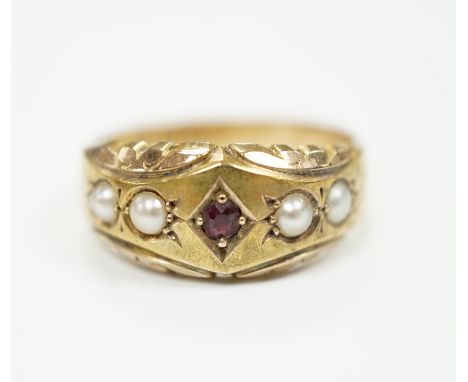 A late Victorian 15ct gold, ruby and split pearl set half hoop ring, size M, gross weight 2.7 grams.