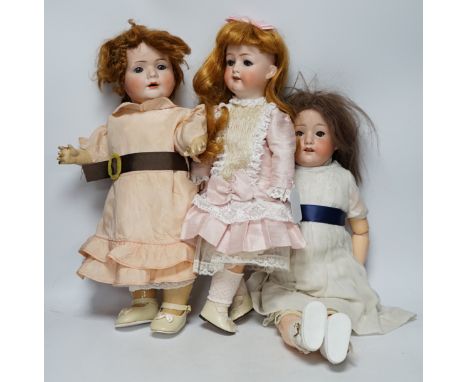 A Carl Harmus 660 Toddler body, 45cm, missing teeth, a Heubach Köppelsdorf 275 leather body, 45cm, and a Seyfarth &amp; Reinh