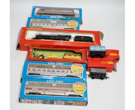 Eight items of 00 and HO gauge model, railway, including; a Tri-ang Stevenson’s Rocket set (R346), a Hornby Railways Princess