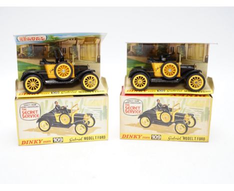 Two Dinky Toys (109) Gabriel Model T Ford, both boxed with inner display stands