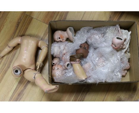 Sixteen assorted bisque doll's heads, one French body and one all bisque small doll