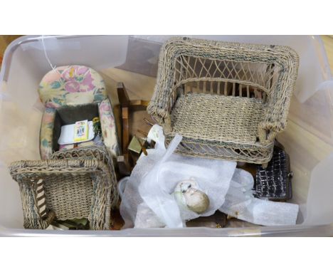 A large collection of doll's house furniture and accessories and an all bisque baby with cat