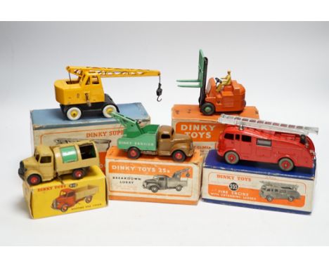 Five boxed dinky toys including (25x) breakdown lorry, (410) Bedford End Tipper, (555) Fire Engine, (571) Coles Mobile Crane,